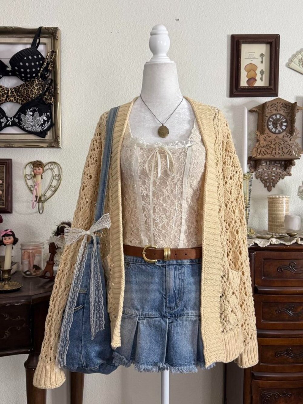 Fairy grunge cozy boho cream beige crotchet knit cardigan w pockets